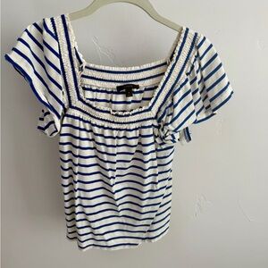 J. Crew White Top with Blue Stripes and Smocked Square Neck
